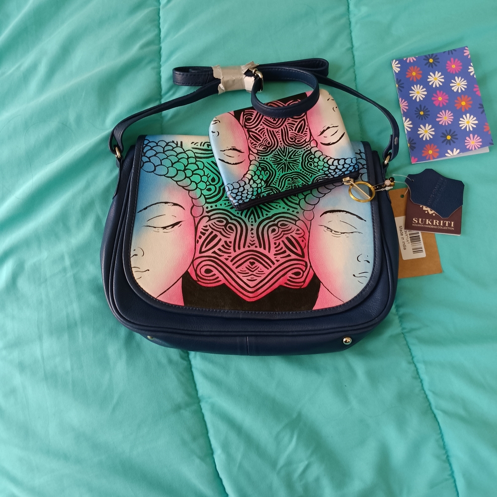 Blue and Multicolor Women's Bag Set